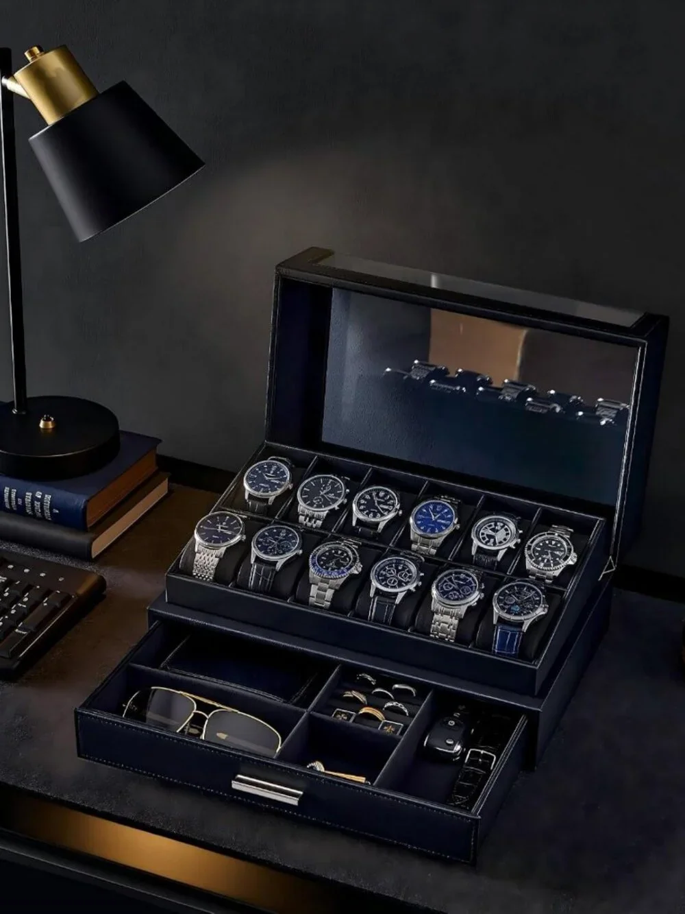 12-Slot Men's Watch Display Box - Elegant Black Storage Organizer for Watches